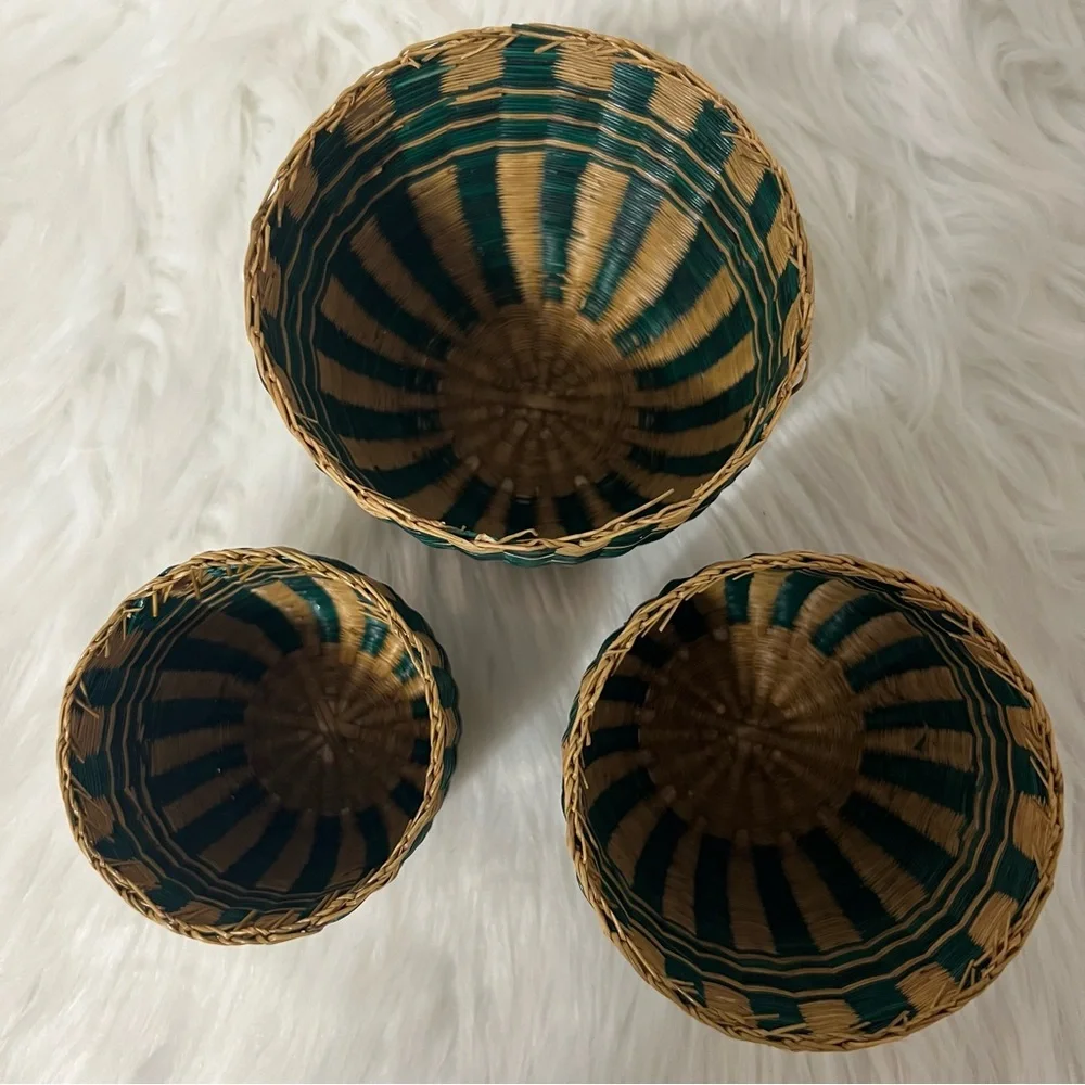 Vintage Bohemian Retro Cottagecore Rustic Striped Woven 3 Nesting Baskets